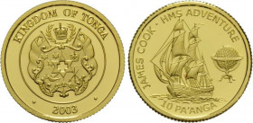 10 Paanga AV
Kingdom of Tonga, James Cook HMS Adventure, 1/25 OZ, Gold 999/1000, 2003
14 mm, 1,24 g