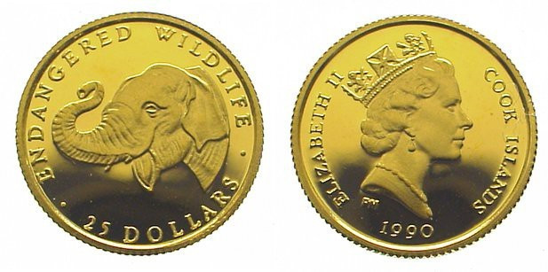 25 Dollars AV
Cook Islands, Elefant, 1/25 OZ, Gold 999/1000, 1990
14 mm, 1,24 ...