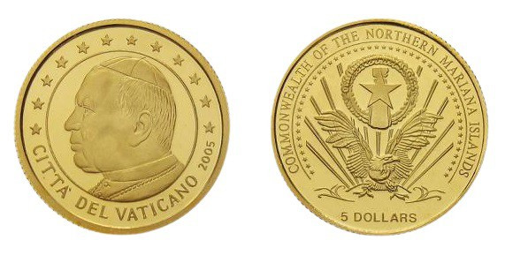 5 Dollars AV
Mariana Islands, John Paul II, 1/25 Oz, Gold 999/1000, 2005
14 mm...