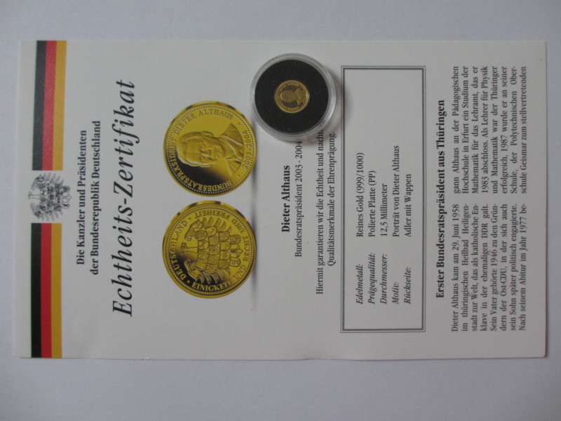 Medal AV
Dieter Althaus, Gold 999/1000
12 mm,