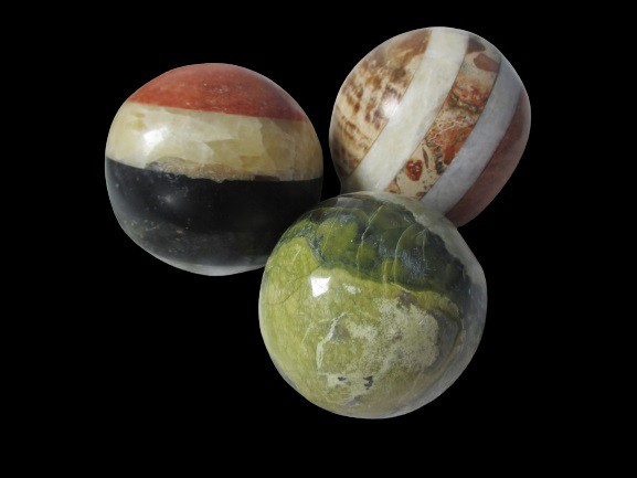 Three spherical, various minerals, 690 g