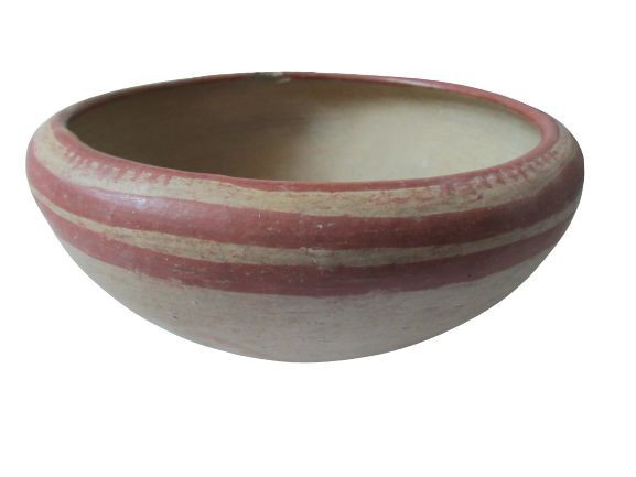 Large bowl, beige clay, outer rim painted with two red lines. Minor chip at rim....