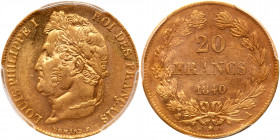 France. 20 Francs, 1840-A (Paris). PCGS AU55