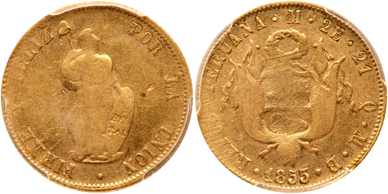 Peru. 2 Escudos, 1853-MB (Lima). Fr-65; KM-149.2. Weight 0.1927 ounce. Standing ...