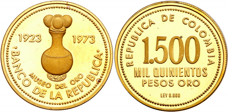 Colombia. 1500 Pesos, 1973. Fr-134; KM-255. Weight 0.5526 ounce. Indian urn. 50t...