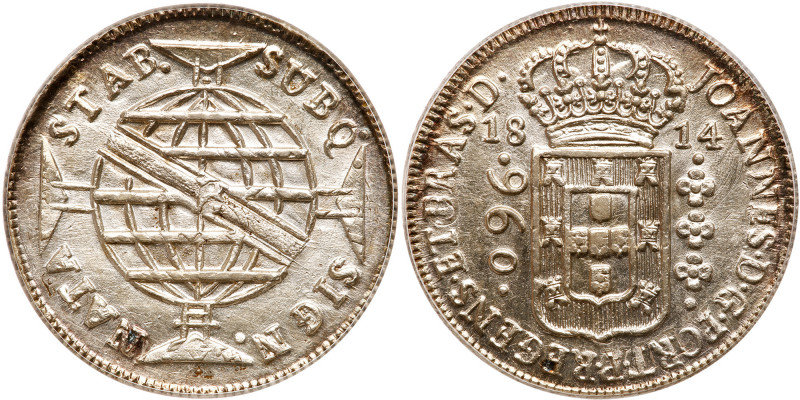 Brazil. 960 Reis, 1814 (B). Eliz-16; KM-307.1. Crowned arms. Reverse; Globe. Lus...