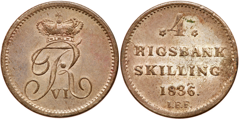 Denmark. 4 Rigsbankskilling, 1836-IFF. KM-712. Crowned monogram. Reverse ; Value...