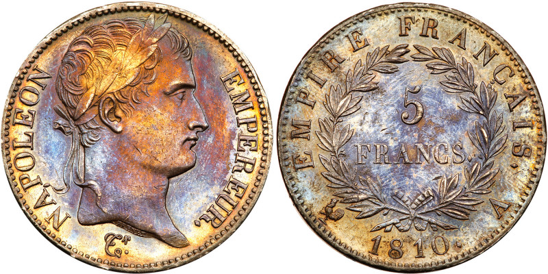France. 5 Francs, 1810-A. Dav-85; KM-694.1. Napoleon I. Laureate head right. Rev...