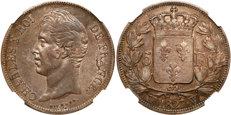 France. 5 Francs, 1827-W (Lille). Dav-88; KM-728.13. Charles X. Toned. NGC grade...