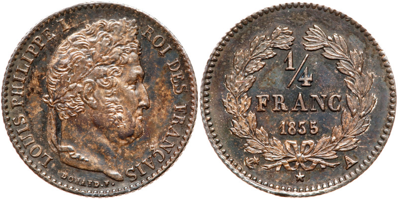 France. &frac14; Franc, 1835-A. KM-740.1. Louis Philippe I. Toned. About Uncircu...