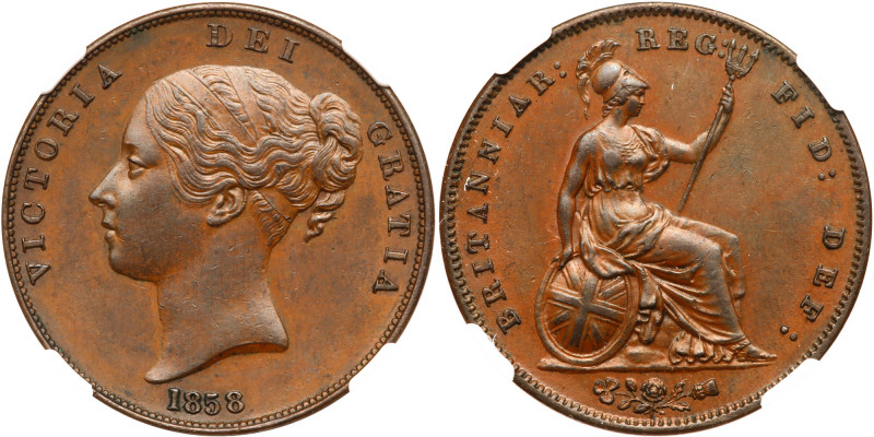 Great Britain. Penny, 1858. S.3948; KM-739. Victoria. Young head. Lustrous. NGC ...