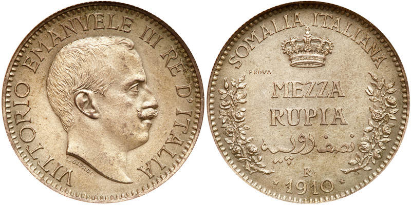 Italian Somaliland. Prova &frac12; Rupia, 1910-R. KM-Pr7; Pagani-395. Silver. Vi...