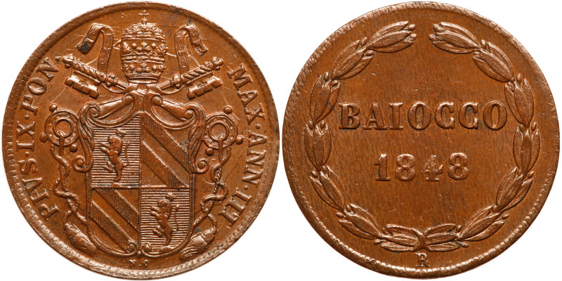 Italian States: Papal/Roman States. Baiocco, 1848-IIIR. KM-1339.1. Pius IX. Lust...