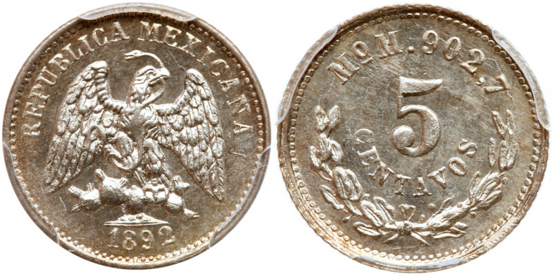 Mexico. 5 Centavos, 1892-Mo M. KM-398.7. Pop 2; tied for the finest example grad...