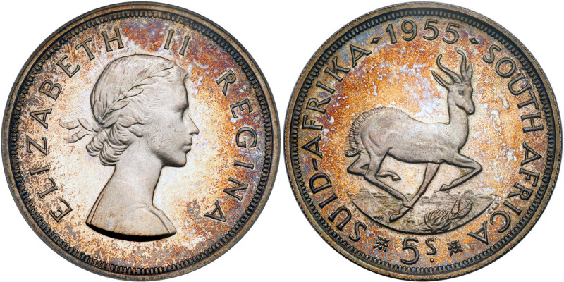 South Africa. 5 Shillings, 1955. KM-52. Elizabeth II. With lovely tone. PCGS gra...