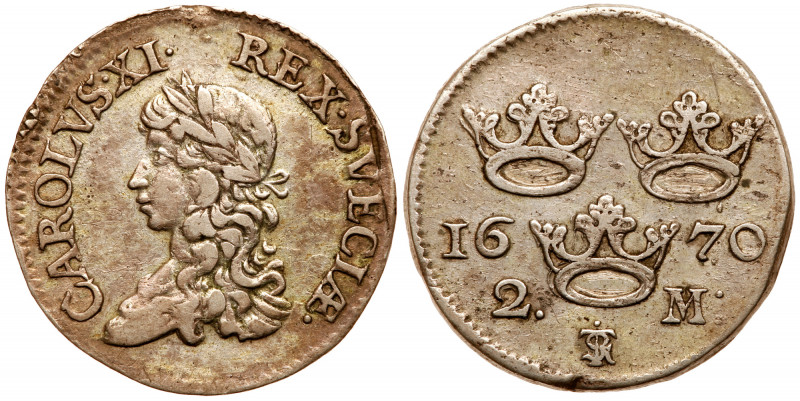 Sweden. 2 Mark, 1670. KM-242. Carl XI. Laureate head left. Reverse; Three crowns...