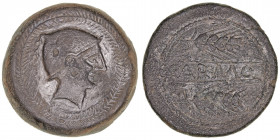 Monedas de la Hispania Antigua
Carmo, Carmona (Sevilla)
As. AE. (siglo I a.C.). A/Cabeza con casco a der., dentro laurea. R/Espigas a der., entre am...
