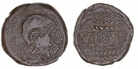 Monedas de la Hispania Antigua
Carmo, Carmona (Sevilla)
As. AE. (hacia 80 a.C.). A/Cabeza con casco a der., dentro de laurea. R/Dos espigas a der., ...