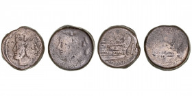 República Romana
Anónimo
As. AE. Lote de 2 monedas. Jano Bifronte. Pesos: 24,61g y 34,23g. (BC+ a RC-).