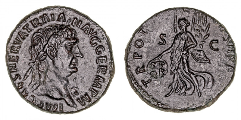 Imperio Romano
Trajano
As. AE. Roma. (98-117). A/Cabeza laureada de Trajano a ...