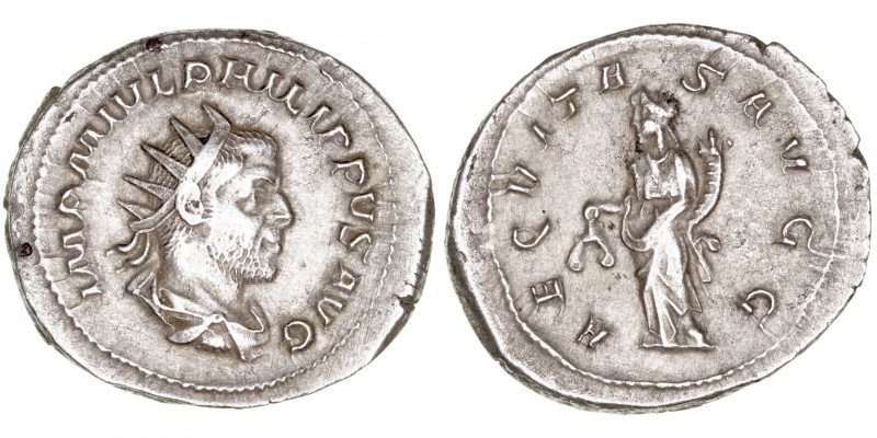 Imperio Romano
Filipo I
Antoniniano. AR. (244-249). R/AEQVITAS AVGG. 3.99g. RI...