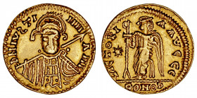 Monedas Visigodas
A nombre de Justiniano I
Sólido. AV. (entre 527-565). Probable acuñación del sur. A/Busto de frente con coraza y portando lanza, a...