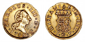 Monarquía Española
Carlos III
1/2 Escudo. AV. Madrid JP. 1759. 1.80g. Cal.1241. Ligeras rayitas de ajuste en anverso. (MBC+).