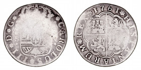 Monarquía Española
Carlos III
4 Reales. AR. Sevilla JV. 1761. 10.84g. Cal.977. Escasa. BC-.