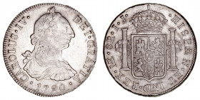 Monarquía Española
Carlos IV
8 Reales. AR. Lima IJ. 1790. Busto de Carlos III y ordinal IV. 26.76g. Cal.904. Brillo original y bonita pátina mate en...