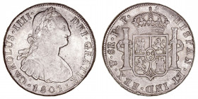 Monarquía Española
Carlos IV
8 Reales. AR. Potosí PP. 1801. 27.02g. Cal.1005. Suave pátina. (MBC).