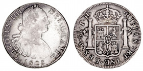 Monarquía Española
Carlos IV
8 Reales. AR. México TH. 1808. 26.97g. Cal.988. Tonalidad. (MBC+).