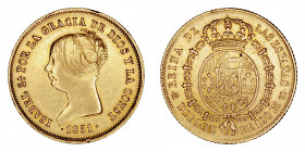 Monarquía Española
Isabel II
Doblón de 100 Reales. AV. Madrid CL. 1851. 8.00g. Cal.758. Muesca en listel bajo la fecha. Rara. (MBC).