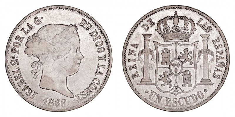 Monarquía Española
Isabel II
Escudo. AR. Madrid. 1866. 12.86g. Cal.564. MBC.