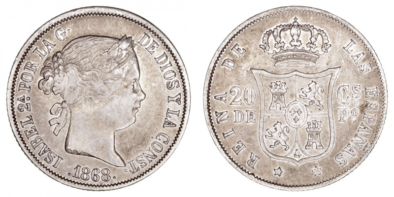 Monarquía Española
Isabel II
20 Centavos de Peso. AR. Manila. 1868. 5.16g. Cal...