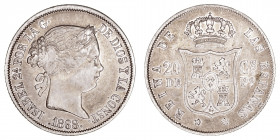 Monarquía Española
Isabel II
20 Centavos de Peso. AR. Manila. 1868. 5.16g. Cal.661. MBC-.