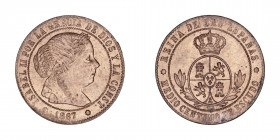 Monarquía Española
Isabel II
1/2 Céntimo de Escudo. AE. Sevilla OM. 1867. 1.24g. Cal.211. Conserva brillo original. Escasa así. EBC+/EBC.