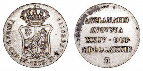 Monarquía Española
Isabel II
Medalla. AR. Proclamación en Madrid. 1833. Módulo 4 Reales. 5.96g. 25.00mm. H.21. Suave pátina. MBC+.