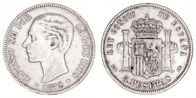 La Peseta
Alfonso XII
5 Pesetas. AR. 1879 *18-79 EMM. 24.58g. Cal.42. Estrellas no visibles. (BC).