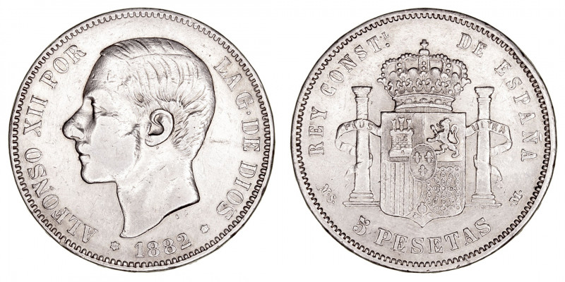 La Peseta
Alfonso XII
5 Pesetas. AR. 1882 *18-82 MSM. 24.86g. Cal.51. Estrella...