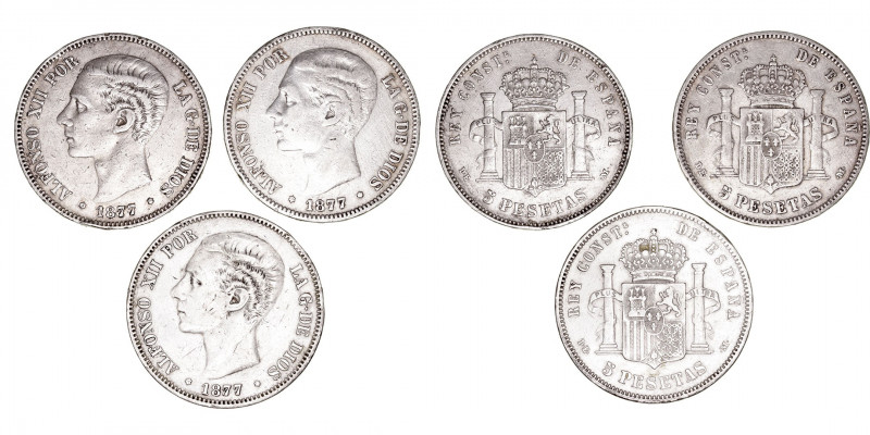 La Peseta
Alfonso XII
5 Pesetas. AR. 1877 *18-77 DEM. Lote de 3 monedas. Cal.3...