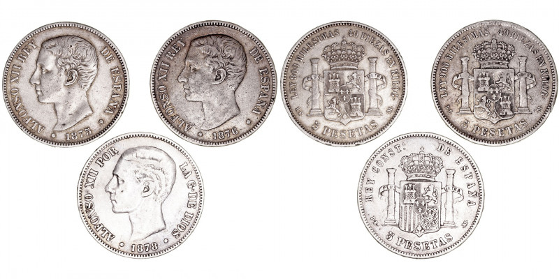 La Peseta
Alfonso XII
5 Pesetas. AR. Lote de 3 monedas. 1875, 1876 y 1878 DEM....