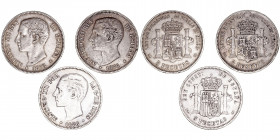 La Peseta
Alfonso XII
5 Pesetas. AR. Lote de 3 monedas. 1875, 1876 y 1878 DEM. Alguna estrella visible. (MBC a BC+).