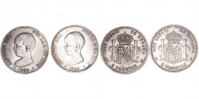 La Peseta
Alfonso XIII
5 Pesetas. AR. 1888 *18-88 MPM. Lote de 2 monedas. Cal.92. MBC a BC+.