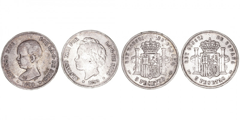 La Peseta
Alfonso XIII
5 Pesetas. AR. Lote de 2 monedas. 1890 y 1892. Estrella...