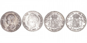 La Peseta
Alfonso XIII
5 Pesetas. AR. Lote de 2 monedas. 1890 y 1892. Estrellas no visibles. (BC+ a BC).