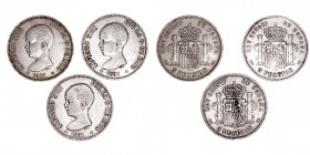 La Peseta
Alfonso XIII
5 Pesetas. AR. 1891 *18-91 PGM. Lote de 3 monedas. Cal.98. Algunas estrellas visibles. (MBC a BC).