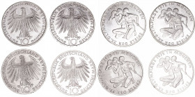 Monedas Extranjeras
Alemania
10 Marcos. AR. 1972. Lote de 4 monedas. Olimpiada de Munich. Cecas D, F, G y J. KM.132. (EBC-).