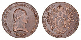 Monedas Extranjeras
Austria Francisco II
6 Kreuzer. AE. 1800 B. 12.90g. Her.1030. Rayitas. Bonito color. (MBC/EBC-).