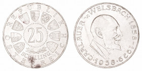 Monedas Extranjeras
Austria
25 Schilling. AR. 1958. C. Welsbach. 12.97g. KM.2884. Manchita en reverso. Rara. (EBC).