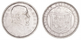 Monedas Extranjeras
Checoeslovaquia
10 Korun. AR. 1928. 10 Aniversario de la Independencia, Tomas Masaryk. 9.95g. KM.12. MBC+.